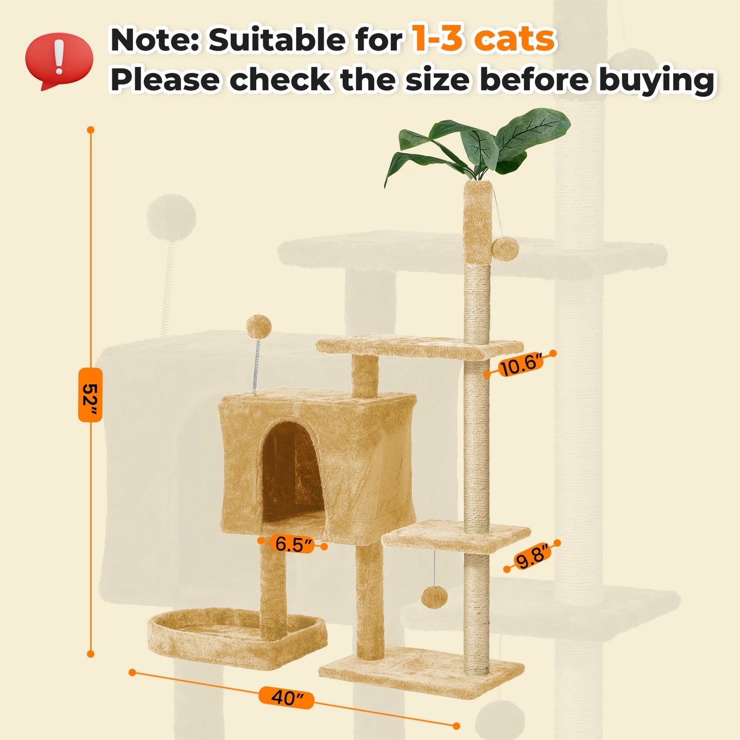 Cat Tree,52In Cat Tower for Indoor Cats, Cat Tree with Scratching Posts Plush Perch Stand, Cat Condo with Funny Toys Kittens Pet Play House,Grey